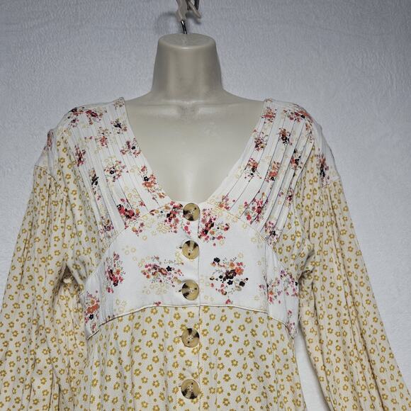 Free People Mini Dress Womens SZ M Floral Button Boho Hippie CottageCore Peasant - Picture 2 of 10